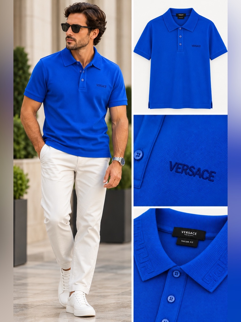 VERSACE - Men's Bright Blue Polo with Tonal Logo